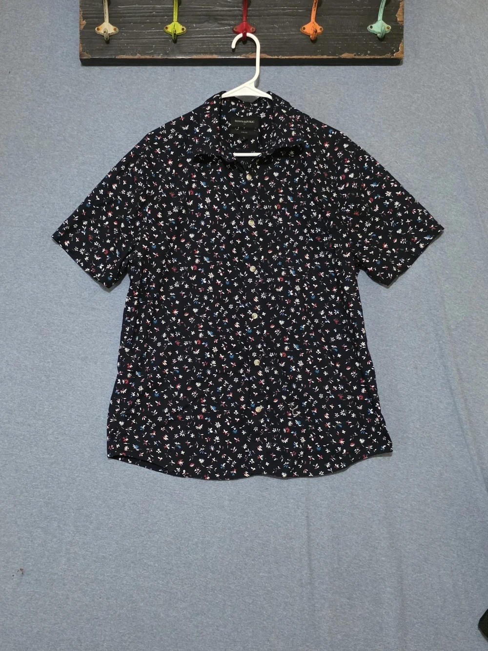 Banana Republic Navy Short-Sleeve Button-Down with Micro Floral Print